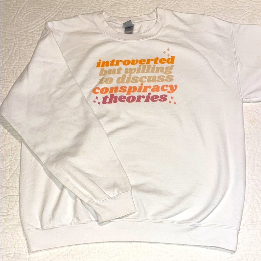 White Graphic Crewneck Sweatshirt - Introverted Conspiracy Theories